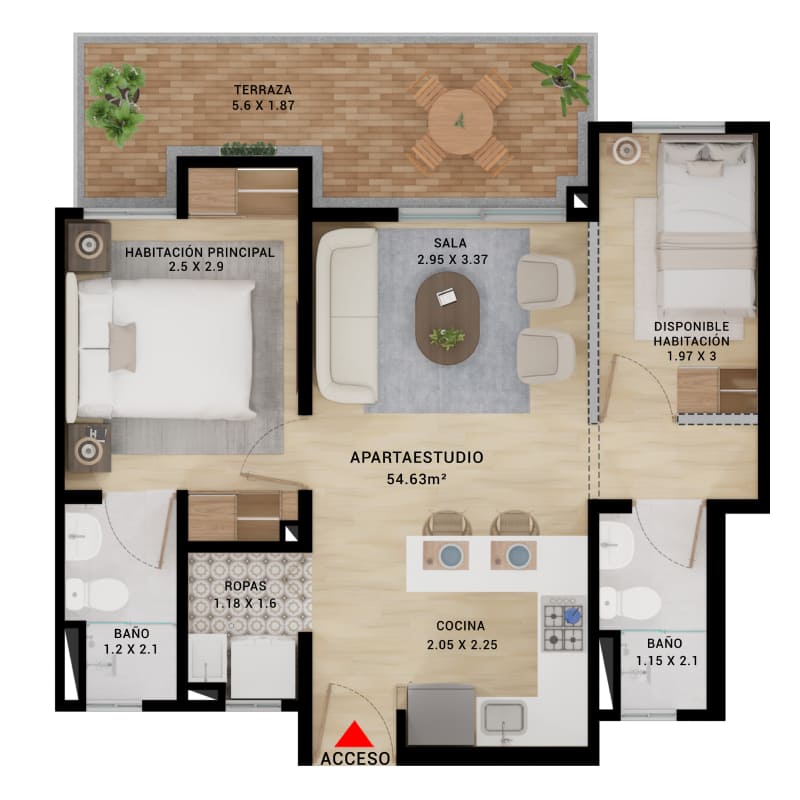Plano modelo Apartaestudio 45,10 m² con 2da habitación
