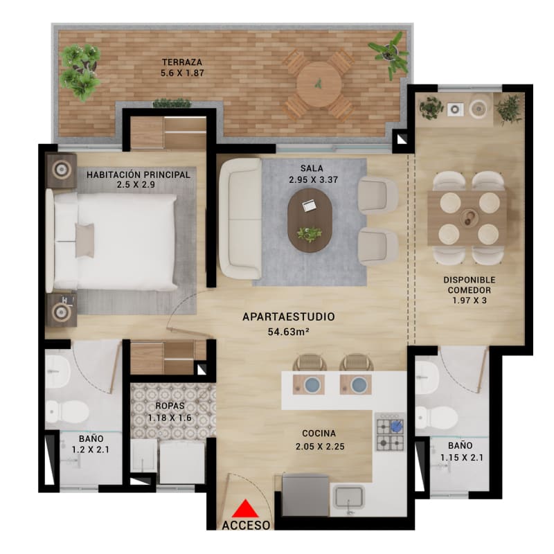 Plano modelo Apartaestudio 45,10 m² con Comedor