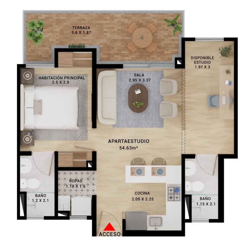 Plano modelo Apartaestudio 45,10 m² con Estudio